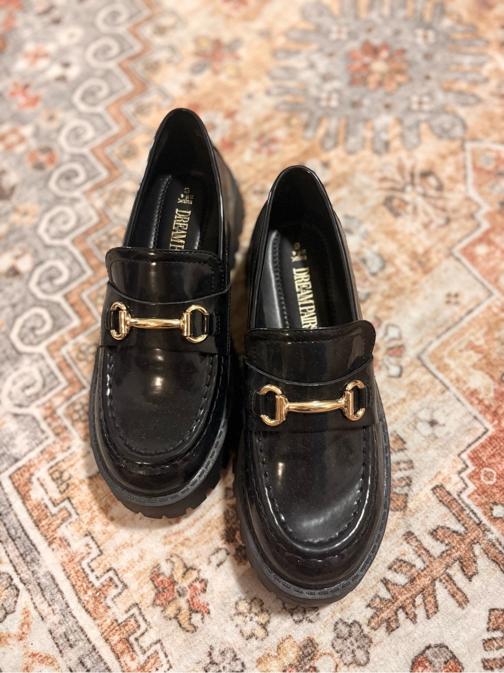 Dream Pairs Black Patent Loafers with Gold Horsebit